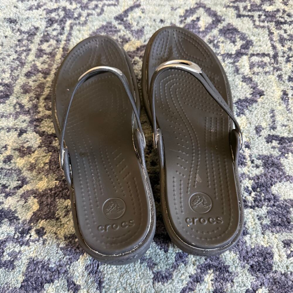 Black Women’s Crocs Light Wedge Rubber Thong Sandals with Silver Ring Detail - Picture 2 of 8